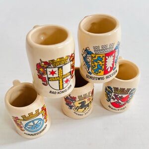 Vintage Miniature Ceramic Beer Steins German City Crests Beige Mugs Set of 5